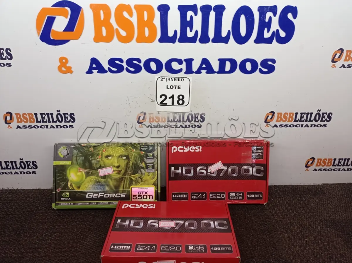 LOTE 218 - 03 PLACAS DE VÍDEO PARA COMPUTADORES.  (NO ESTADO) ATENÇÃO! FAZER A VISITAÇÃO ANTES DE ARREMATAR, NÃO SABEMOS SE FUNCIONA. LEILÃO NÃO TEM GARANTIA E NEM DEVOLUÇÃO, SUJEITO A POSSÍVEIS AVARIAS VISÍVEIS/OCULTAS E/OU AUSÊNCIA DE COMPONENTES.