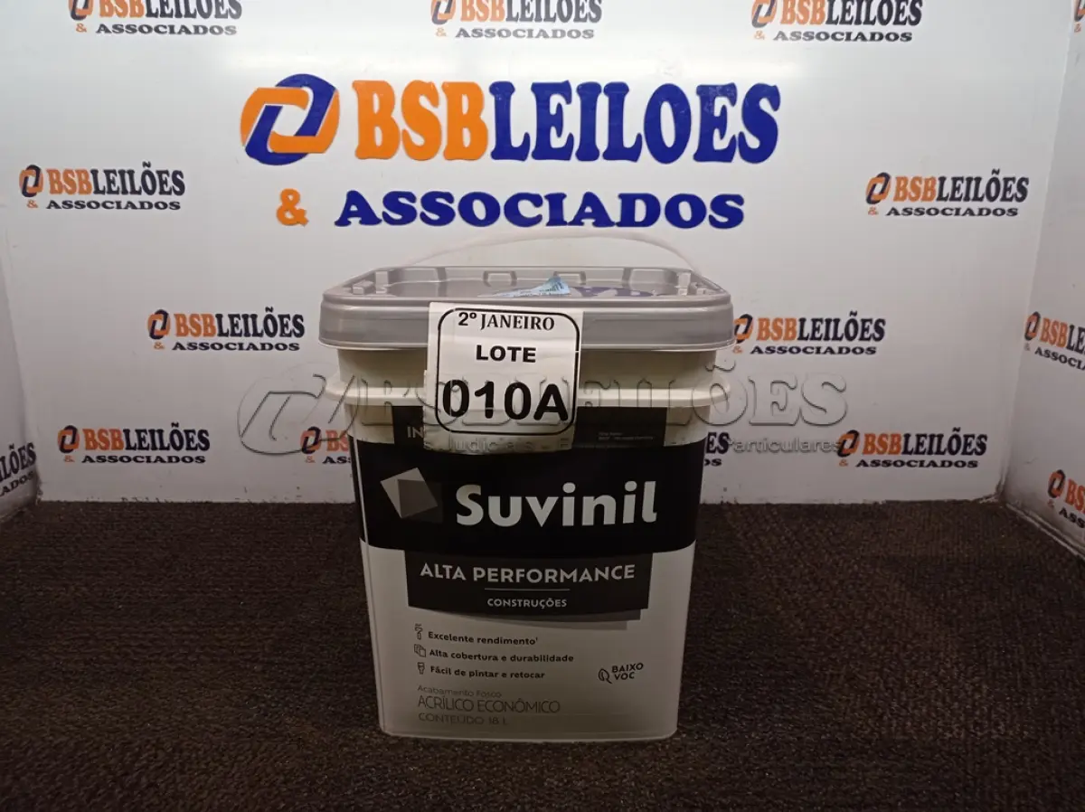 LOTE 010 - 01 BALDE DE TINTA SUVINIL INTERIORES ACRÍLICO FOSCO 18L NA COR FOSCO BRANCO. VENCIMENTO 10/2027 (NOVO)(NO ESTADO) ATENÇÃO! FAZER A VISITAÇÃO ANTES DE ARREMATAR, NÃO SABEMOS SE FUNCIONA. LEILÃO NÃO TEM GARANTIA E NEM DEVOLUÇÃO, SUJEITO A POSSÍVEIS AVARIAS VISÍVEIS/OCULTAS E/OU AUSÊNCIA DE COMPONENTES.