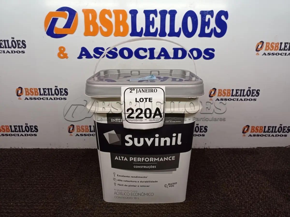 LOTE 220 - 01 BALDE DE TINTA SUVINIL INTERIORES ACRÍLICO FOSCO 18L NA COR FOSCO BRANCO. VENCIMENTO 10/2027 (NOVO)(NO ESTADO) ATENÇÃO! FAZER A VISITAÇÃO ANTES DE ARREMATAR, NÃO SABEMOS SE FUNCIONA. LEILÃO NÃO TEM GARANTIA E NEM DEVOLUÇÃO, SUJEITO A POSSÍVEIS AVARIAS VISÍVEIS/OCULTAS E/OU AUSÊNCIA DE COMPONENTES.