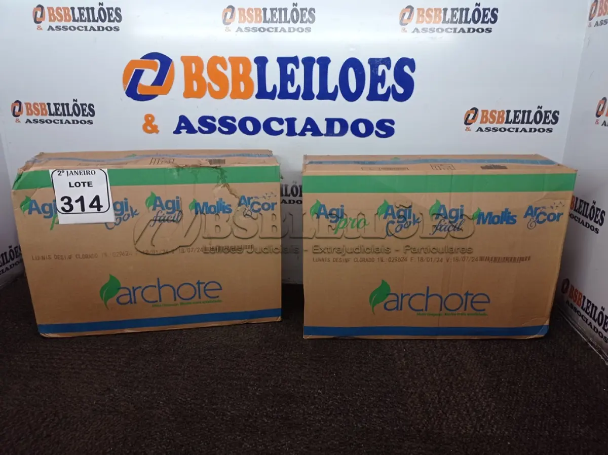 LOTE 314 - 02 CAIXAS COM 03 UNIDADES CADA DE 5 LITROS DE DESINFETANTE CLORADO (NO ESTADO) ATENÇÃO! FAZER A VISITAÇÃO ANTES DE ARREMATAR, NÃO SABEMOS SE FUNCIONA. LEILÃO NÃO TEM GARANTIA E NEM DEVOLUÇÃO, SUJEITO A POSSÍVEIS AVARIAS VISÍVEIS/OCULTAS E/OU AUSÊNCIA DE COMPONENTES.
