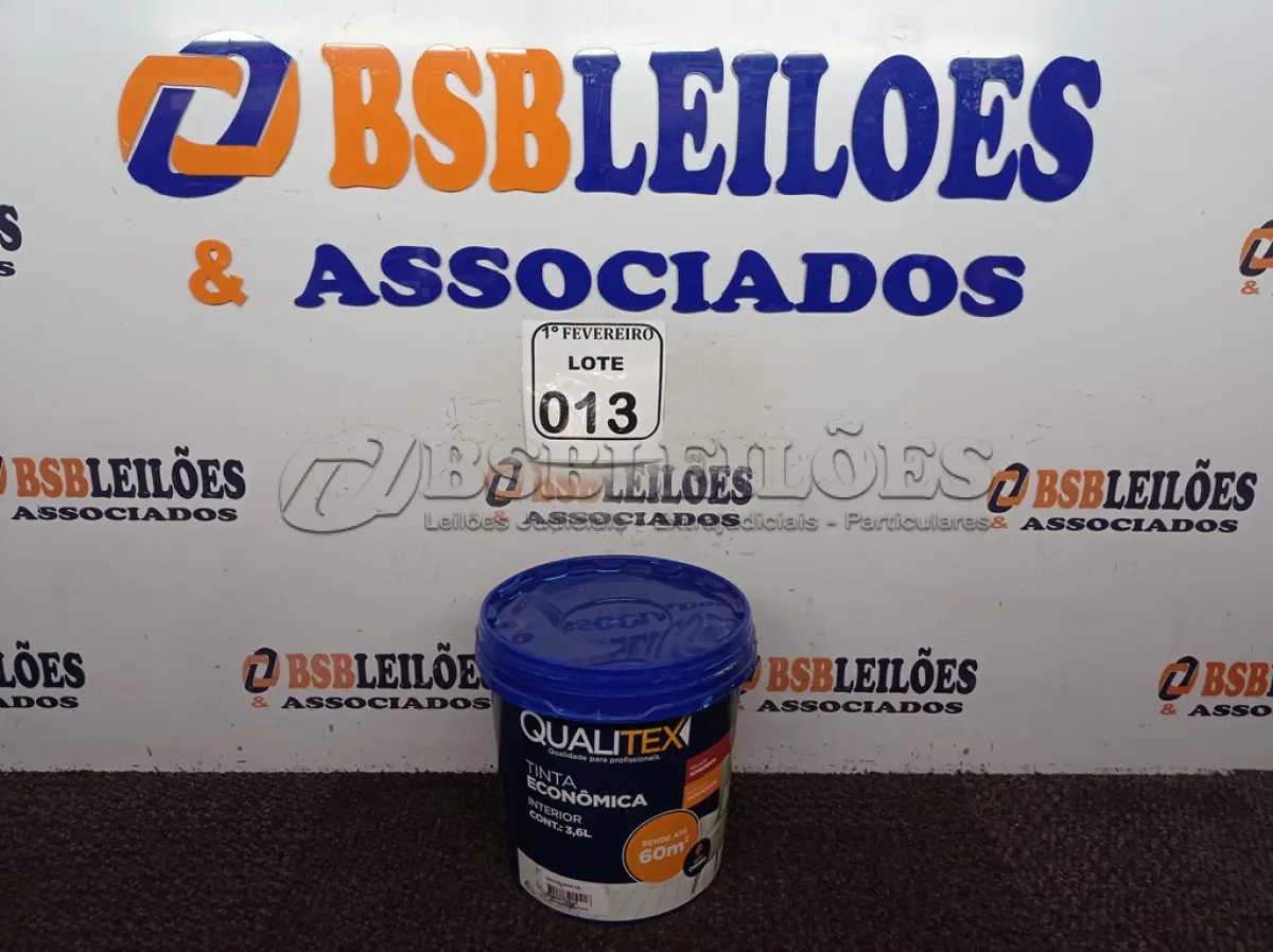 LOTE 013 - 01 GALÃO DE TINTA PARA INTERIOR 3,6L COR AREIA MARCA QUALITEX. (NOVO) (NO ESTADO) ATENÇÃO! FAZER A VISITAÇÃO ANTES DE ARREMATAR, NÃO SABEMOS SE FUNCIONA. LEILÃO NÃO TEM GARANTIA E NEM DEVOLUÇÃO, SUJEITO A POSSÍVEIS AVARIAS VISÍVEIS/OCULTAS E/OU AUSÊNCIA DE COMPONENTES.