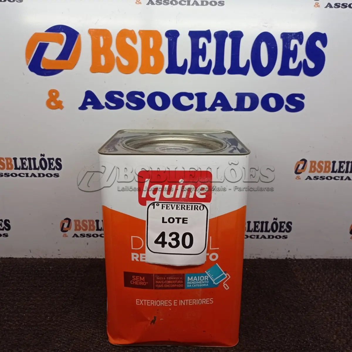 LOTE 430 - 01 LATA DE TINTA IQUINE DELANIL BASE  FOSCO 18L.  (NO ESTADO) ATENÇÃO! FAZER A VISITAÇÃO ANTES DE ARREMATAR, NÃO SABEMOS SE FUNCIONA. LEILÃO NÃO TEM GARANTIA E NEM DEVOLUÇÃO, SUJEITO A POSSÍVEIS AVARIAS VISÍVEIS/OCULTAS E/OU AUSÊNCIA DE COMPONENTES.