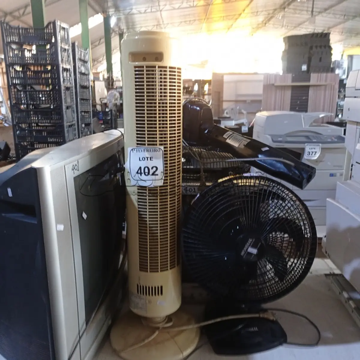 LOTE 402 - 02 TV’S ANTIGA E 03 VENTILADORES.  (NO ESTADO) ATENÇÃO! FAZER A VISITAÇÃO ANTES DE ARREMATAR, NÃO SABEMOS SE FUNCIONA. LEILÃO NÃO TEM GARANTIA E NEM DEVOLUÇÃO, SUJEITO A POSSÍVEIS AVARIAS VISÍVEIS/OCULTAS E/OU AUSÊNCIA DE COMPONENTES.