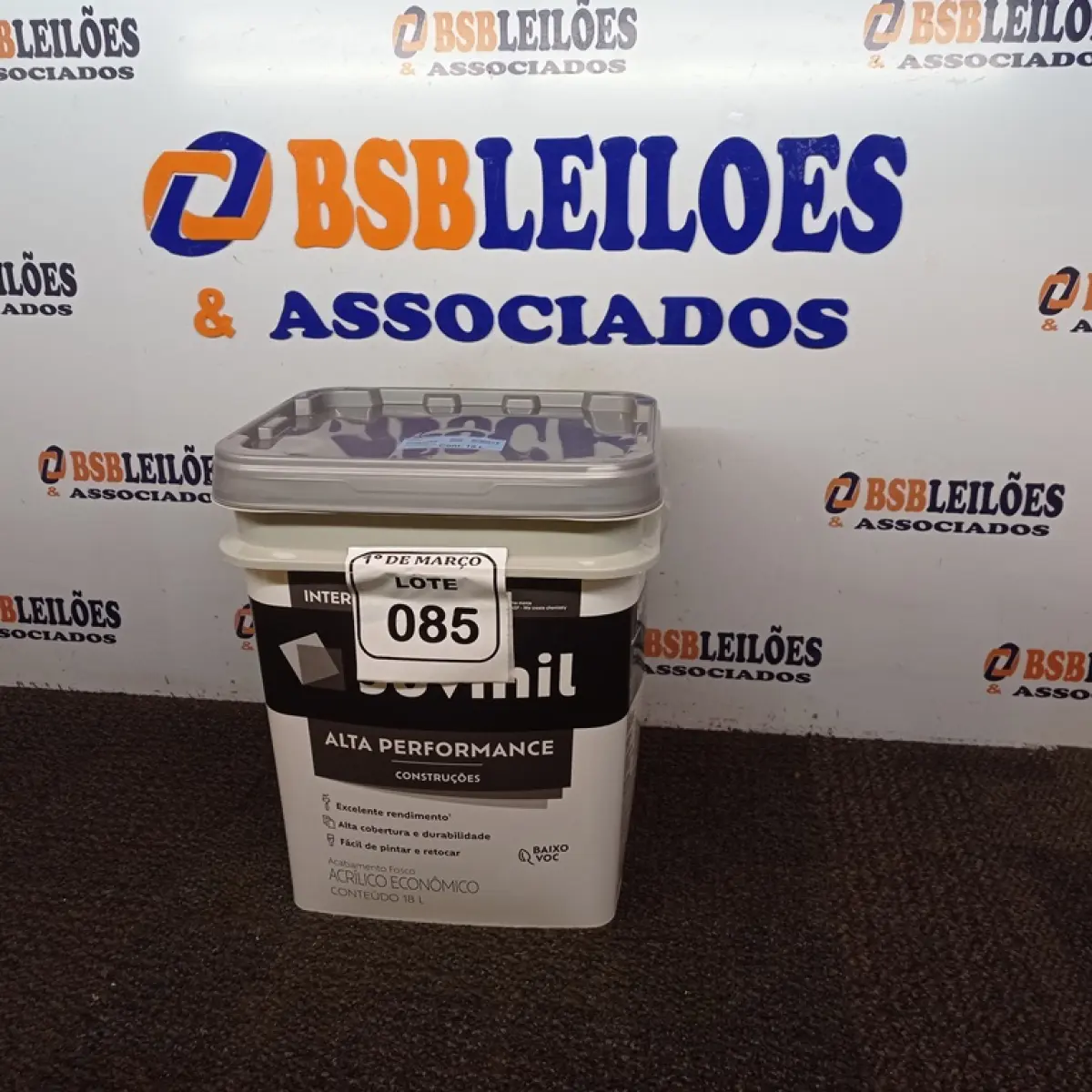 01 GALÃO DE TINTA SUVINIL DE 18L PARA INTERIOR/EXTERIOR ACABAMENTO FOSCO BRANCO. (NOVO) (NO ESTADO) ATENÇÃO! FAZER A VISITAÇÃO ANTES DE ARREMATAR, NÃO SABEMOS SE FUNCIONA. LEILÃO NÃO TEM GARANTIA E NEM DEVOLUÇÃO, SUJEITO A POSSÍVEIS AVARIAS VISÍVEIS/OCULTAS E/OU AUSÊNCIA DE COMPONENTES.