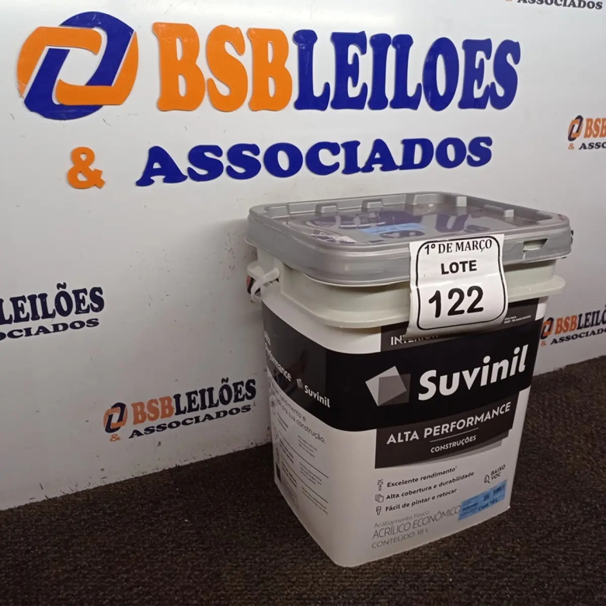 01 GALÃO DE TINTA SUVINIL DE 18L PARA INTERIORES ACABAMENTO FOSCO BRANCO. (NOVO) (NO ESTADO) ATENÇÃO! FAZER A VISITAÇÃO ANTES DE ARREMATAR, NÃO SABEMOS SE FUNCIONA. LEILÃO NÃO TEM GARANTIA E NEM DEVOLUÇÃO, SUJEITO A POSSÍVEIS AVARIAS VISÍVEIS/OCULTAS E/OU AUSÊNCIA DE COMPONENTES.