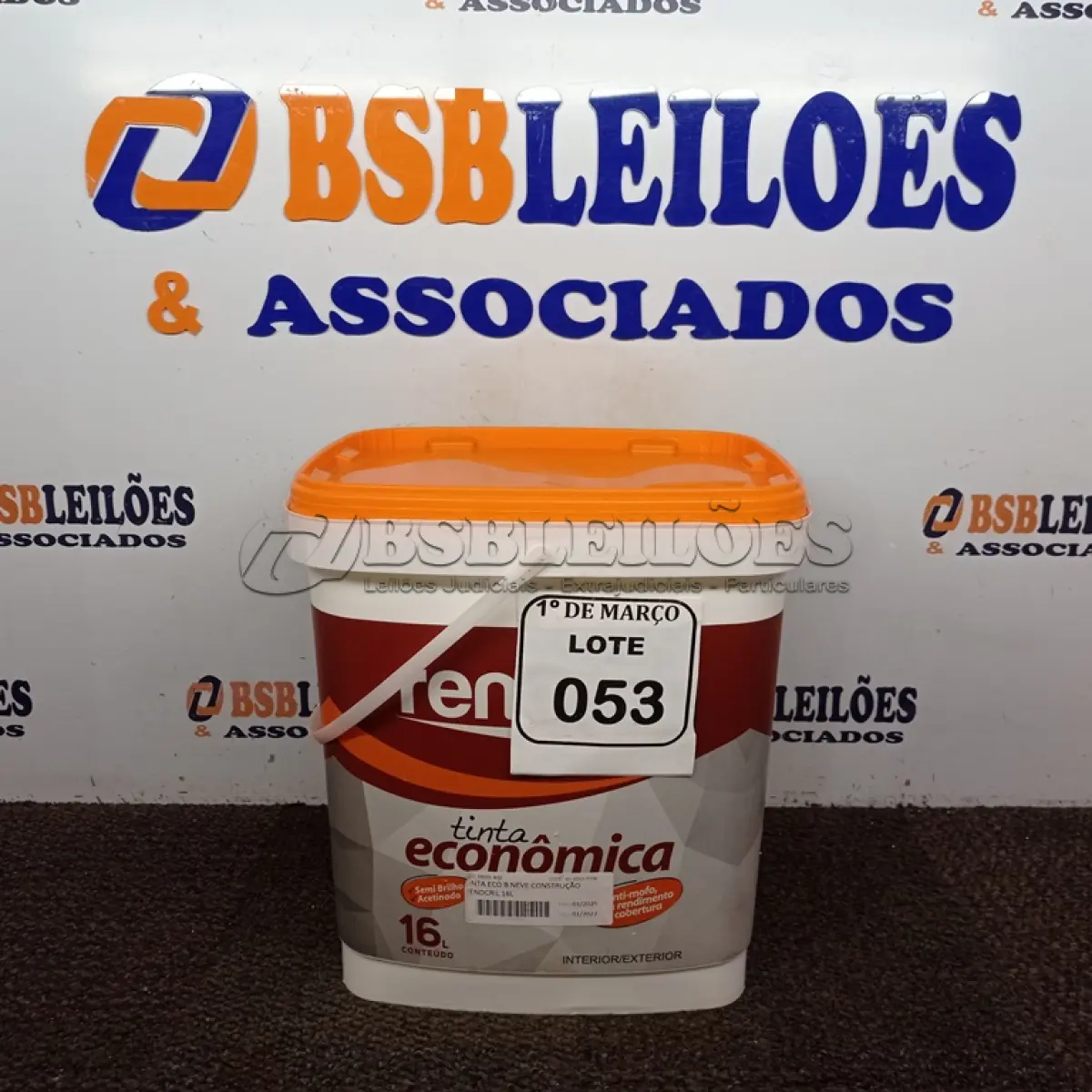 LOTE 053 - 01 GALÃO DE TINTA INTERIOR/EXTERIOR DE 16L ECO B NEVE MARCA RENOCRIL. (NOVO) (NO ESTADO) ATENÇÃO! FAZER A VISITAÇÃO ANTES DE ARREMATAR, NÃO SABEMOS SE FUNCIONA. LEILÃO NÃO TEM GARANTIA E NEM DEVOLUÇÃO, SUJEITO A POSSÍVEIS AVARIAS VISÍVEIS/OCULTAS E/OU AUSÊNCIA DE COMPONENTES.
