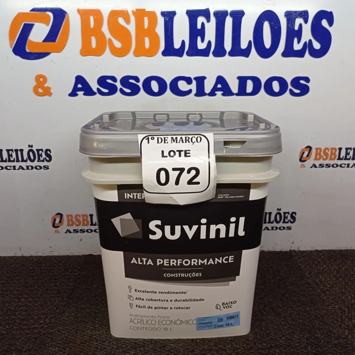 01 GALÃO DE TINTA SUVINIL DE 18L PARA INTERIOR/EXTERIOR ACABAMENTO FOSCO BRANCO. (NOVO) (NO ESTADO) ATENÇÃO! FAZER A VISITAÇÃO ANTES DE ARREMATAR, NÃO SABEMOS SE FUNCIONA. LEILÃO NÃO TEM GARANTIA E NEM DEVOLUÇÃO, SUJEITO A POSSÍVEIS AVARIAS VISÍVEIS/OCULTAS E/OU AUSÊNCIA DE COMPONENTES.