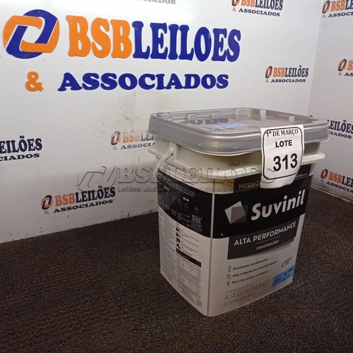 LOTE 313 - 01 GALÃO DE TINTA SUVINIL DE 18L PARA INTERIORES ACABAMENTO FOSCO BRANCO. (NOVO) (NO ESTADO) ATENÇÃO! FAZER A VISITAÇÃO ANTES DE ARREMATAR, NÃO SABEMOS SE FUNCIONA. LEILÃO NÃO TEM GARANTIA E NEM DEVOLUÇÃO, SUJEITO A POSSÍVEIS AVARIAS VISÍVEIS/OCULTAS E/OU AUSÊNCIA DE COMPONENTES.