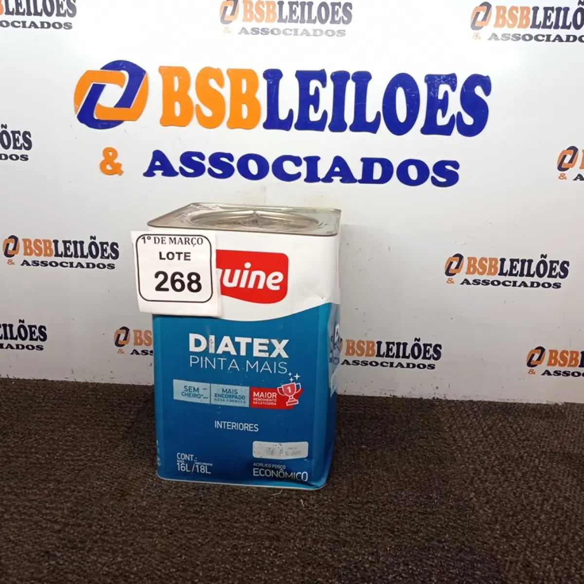 01 LATA DE TINTA 16L/ 18L INTERIORES/EXTERIORES ACRÍLICO FOSCO IQUINE BASE P. (NOVO) (NO ESTADO) ATENÇÃO! FAZER A VISITAÇÃO ANTES DE ARREMATAR, NÃO SABEMOS SE FUNCIONA. LEILÃO NÃO TEM GARANTIA E NEM DEVOLUÇÃO, SUJEITO A POSSÍVEIS AVARIAS VISÍVEIS/OCULTAS E/OU AUSÊNCIA DE COMPONENTES.