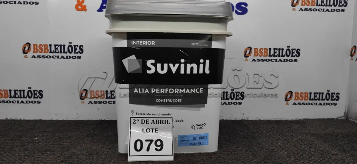 LOTE 079 - 01 GALÃO DE TINTA SUVINIL DE 18L PARA INTERIORES ACABAMENTO FOSCO BRANCO. (NOVO) (NO ESTADO) ATENÇÃO! FAZER A VISITAÇÃO ANTES DE ARREMATAR, NÃO SABEMOS SE FUNCIONA. LEILÃO NÃO TEM GARANTIA E NEM DEVOLUÇÃO, SUJEITO A POSSÍVEIS AVARIAS VISÍVEIS/OCULTAS E/OU AUSÊNCIA DE COMPONENTES.