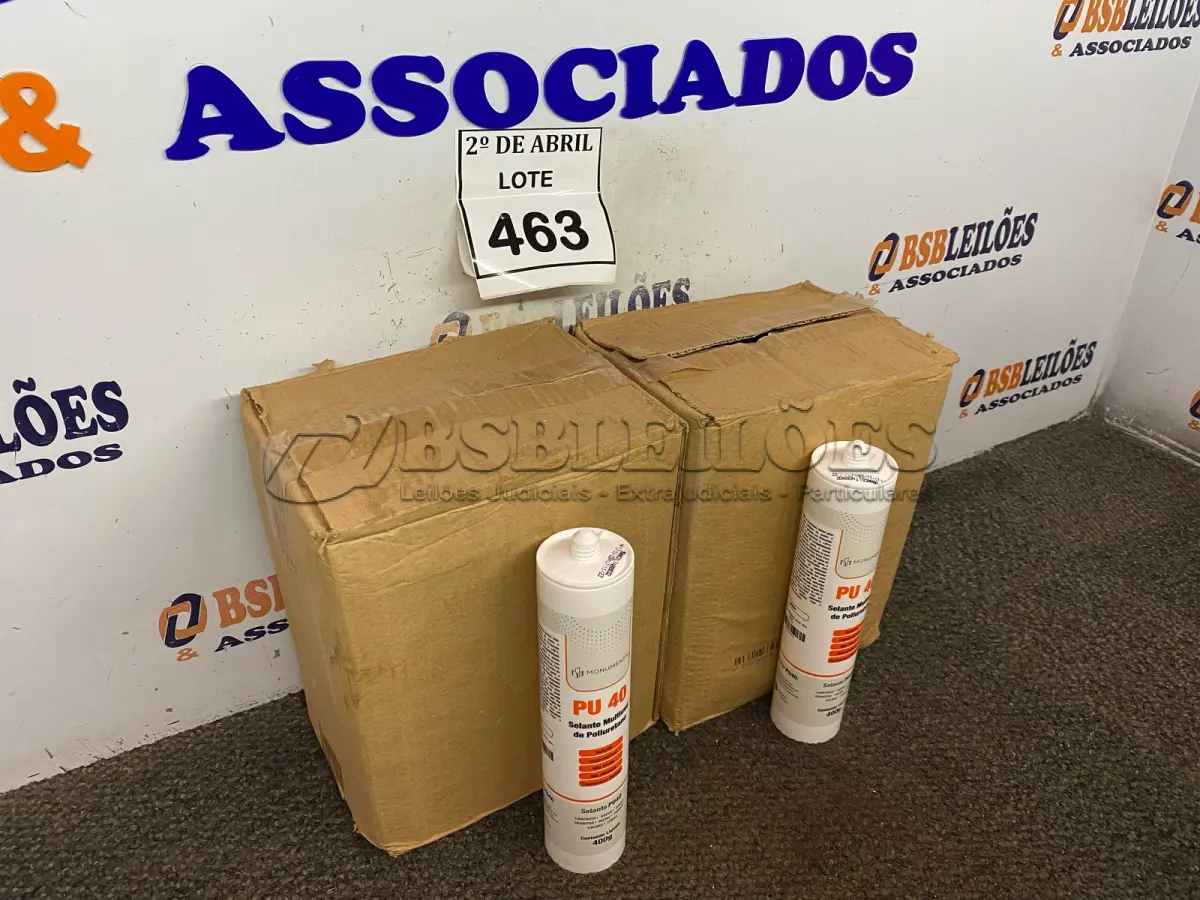 LOTE 463 - 02 CAIXAS COM SELANTE MULTI USO DE POLIURETANO PU40. (NO ESTADO) ATENÇÃO! FAZER A VISITAÇÃO ANTES DE ARREMATAR, NÃO SABEMOS SE FUNCIONA. LEILÃO NÃO TEM GARANTIA E NEM DEVOLUÇÃO, SUJEITO A POSSÍVEIS AVARIAS VISÍVEIS/OCULTAS E/OU AUSÊNCIA DE COMPONENTES.