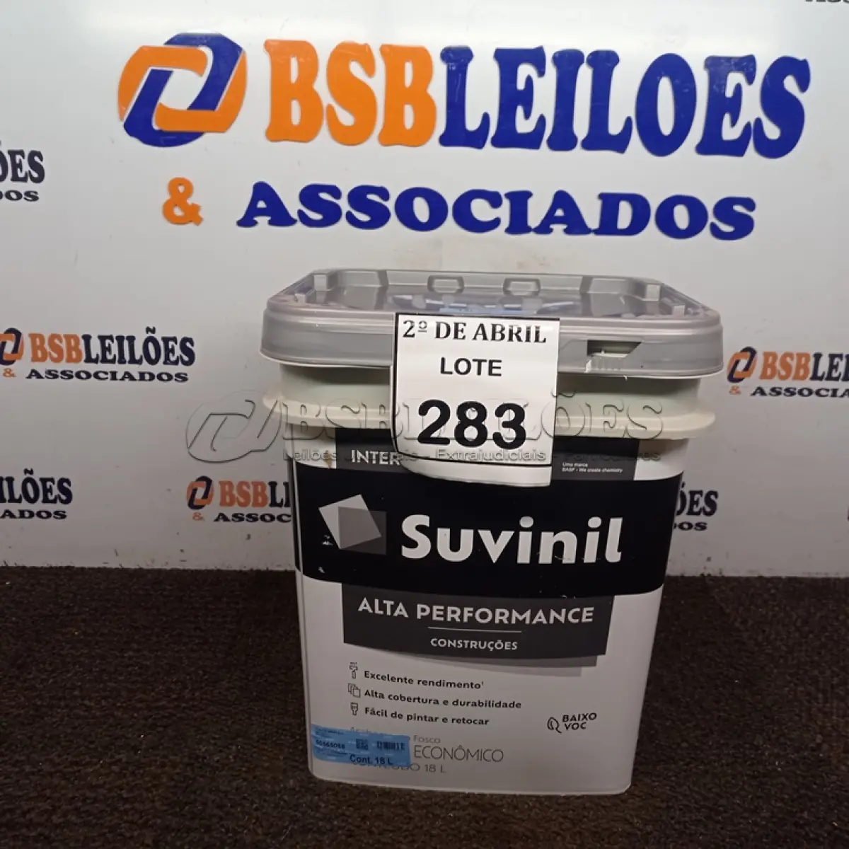 LOTE 283 - 01 GALÃO DE TINTA SUVINIL DE 18L PARA INTERIORES ACABAMENTO FOSCO BRANCO. (NOVO) (NO ESTADO) ATENÇÃO! FAZER A VISITAÇÃO ANTES DE ARREMATAR, NÃO SABEMOS SE FUNCIONA. LEILÃO NÃO TEM GARANTIA E NEM DEVOLUÇÃO, SUJEITO A POSSÍVEIS AVARIAS VISÍVEIS/OCULTAS E/OU AUSÊNCIA DE COMPONENTES.