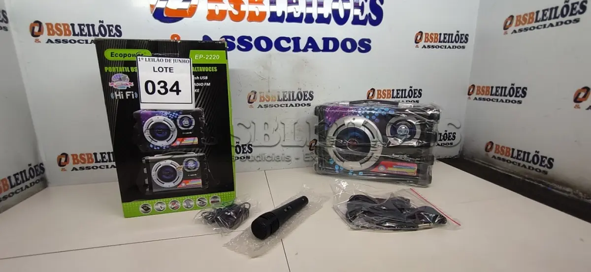 LOTE 034 - 01 CAIXA DE SOM ECOPOWER KARAOKÊ BLUETOOTH MODELO EP-2220 COM CONTROLE, CARREGADOR E MICROFONE COLORIDO. (NO ESTADO) ATENÇÃO! FAZER A VISITAÇÃO ANTES DE ARREMATAR, NÃO SABEMOS SE FUNCIONA, LEILÃO NÃO TEM GARANTIA E NEM DEVOLUÇÃO, SUJEITO A POSSÍVEIS AVARIAS VISÍVEIS/OCULTAS E/OU AUSÊNCIA DE COMPONENTES.