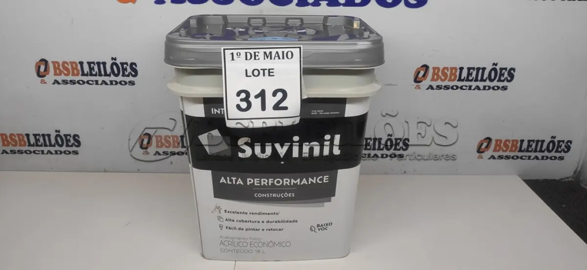 LOTE 312 - 01 BALDE DE TINTA SUVINIL INTERIORES FOSCOS 18L NA COR FOSCO BRANCO. VENCIMENTO 10/2027 (NOVO) (NO ESTADO) ATENÇÃO! FAZER A VISITAÇÃO ANTES DE ARREMATAR, NÃO SABEMOS SE FUNCIONA. LEILÃO NÃO TEM GARANTIA E NEM DEVOLUÇÃO, SUJEITO A POSSÍVEIS AVARIAS VISÍVEIS/OCULTAS E/OU AUSÊNCIA DE COMPONENTES.