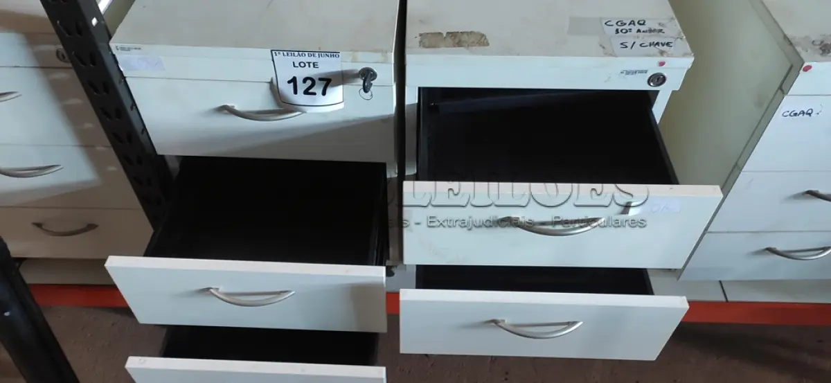 LOTE 127 - 02 GAVETEIROS DE ESCRITÓRIO COM 03 GAVETAS CADA. (NO ESTADO) ATENÇÃO! FAZER A VISITAÇÃO ANTES DE ARREMATAR, NÃO SABEMOS SE FUNCIONA, LEILÃO NÃO TEM GARANTIA E NEM DEVOLUÇÃO, SUJEITO A POSSÍVEIS AVARIAS VISÍVEIS/OCULTAS E/OU AUSÊNCIA DE COMPONENTES.