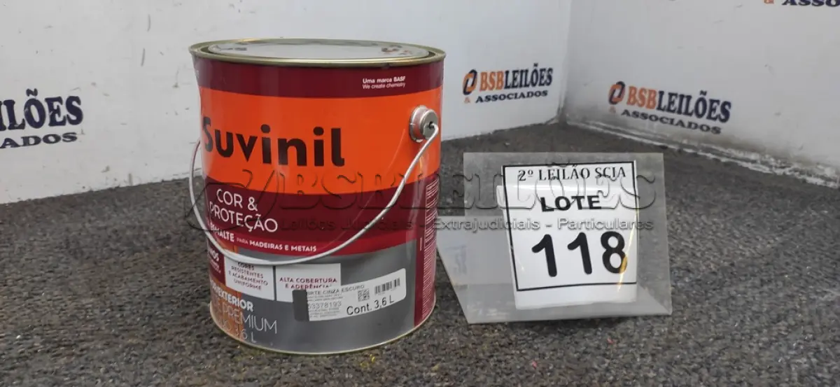LOTE 118 - 01 LATA DE TINTA ESMALTE PARA MADEIRAS E METAIS NA COR BRILHANTE CINZA ESCURO DE 3,6L MARCA SUVINIL. (NOVO) (NO ESTADO) ATENÇÃO! FAZER A VISITAÇÃO ANTES DE ARREMATAR, NÃO SABEMOS SE FUNCIONA. LEILÃO NÃO TEM GARANTIA E NEM DEVOLUÇÃO, SUJEITO A POSSÍVEIS AVARIAS VISÍVEIS/OCULTAS E/OU AUSÊNCIA DE COMPONENTES.