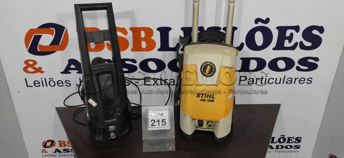 LOTE 215 - 02 LAVADORES DE ALTA PRESSÃO SENDO 01 MARCA STIHL E 01 WAP. (NO ESTADO) ATENÇÃO! FAZER A VISITAÇÃO ANTES DE ARREMATAR, NÃO SABEMOS SE FUNCIONA. LEILÃO NÃO TEM GARANTIA E NEM DEVOLUÇÃO, SUJEITO A POSSÍVEIS AVARIAS VISÍVEIS/OCULTAS E/OU AUSÊNCIA DE COMPONENTES.