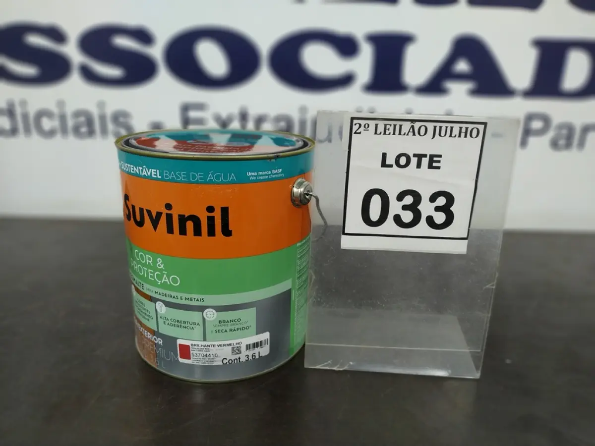 01 LATA DE TINTA ESMALTE DE 3,6L NA COR BRILHANTE VERMELHO MARCA SUVINIL. (NO ESTADO) ATENÇÃO! FAZER A VISITAÇÃO ANTES DE ARREMATAR, NÃO SABEMOS SE FUNCIONA. LEILÃO NÃO TEM GARANTIA E NEM DEVOLUÇÃO, SUJEITO A POSSÍVEIS AVARIAS VISÍVEIS/OCULTAS E/OU AUSÊNCIA DE COMPONENTES.