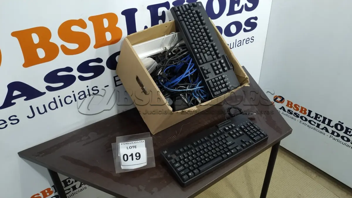 LOTE 019 - 01 CAIXA COM DIVERSOS ELETRÔNICOS, TECLADOS, CABOS E LOGITECH WEBCAM.  (NO ESTADO EM QUE SE ENCONTRA. SUJEITO A AVARIAS OCULTAS/VISÍVEIS.)