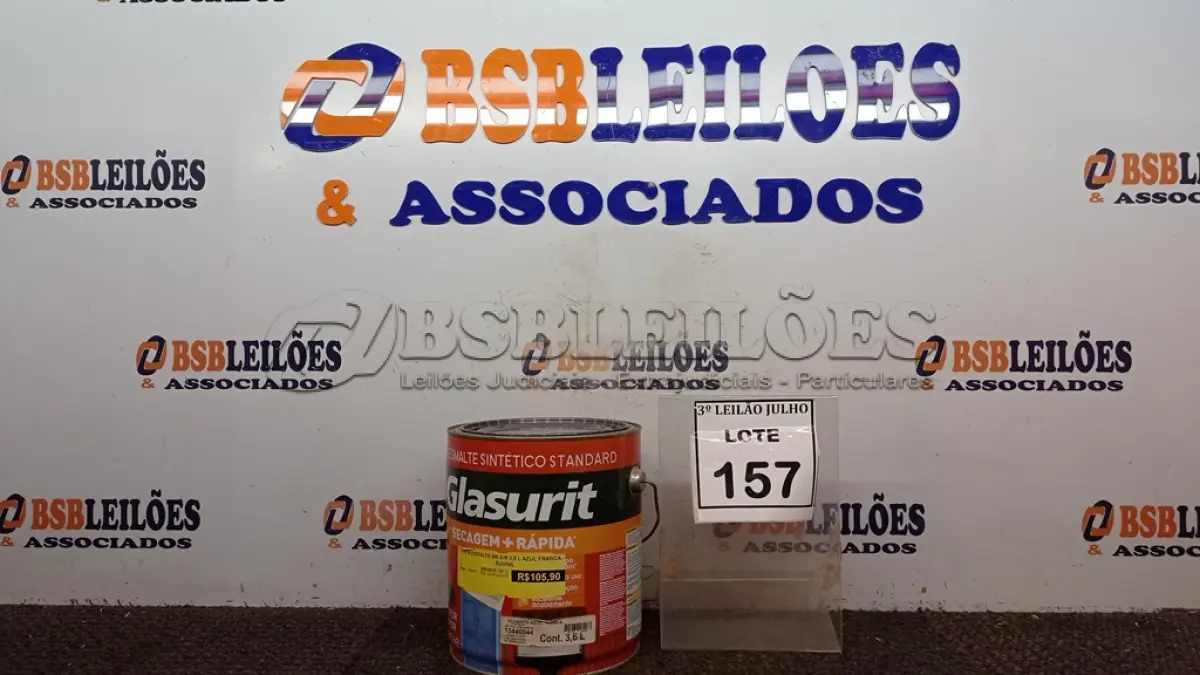 LOTE 157 - 01 LATA DE ESMALTE SINTÉTICO COM 3,6L NA COR BRILHANTE AZUL FRANÇA MARCA GLASURIT. (NO ESTADO) ATENÇÃO! FAZER A VISITAÇÃO ANTES DE ARREMATAR, NÃO SABEMOS SE FUNCIONA, LEILÃO NÃO TEM GARANTIA E NEM DEVOLUÇÃO, SUJEITO A POSSÍVEIS AVARIAS VISÍVEIS/OCULTAS E/OU AUSÊNCIA DE COMPONENTES.