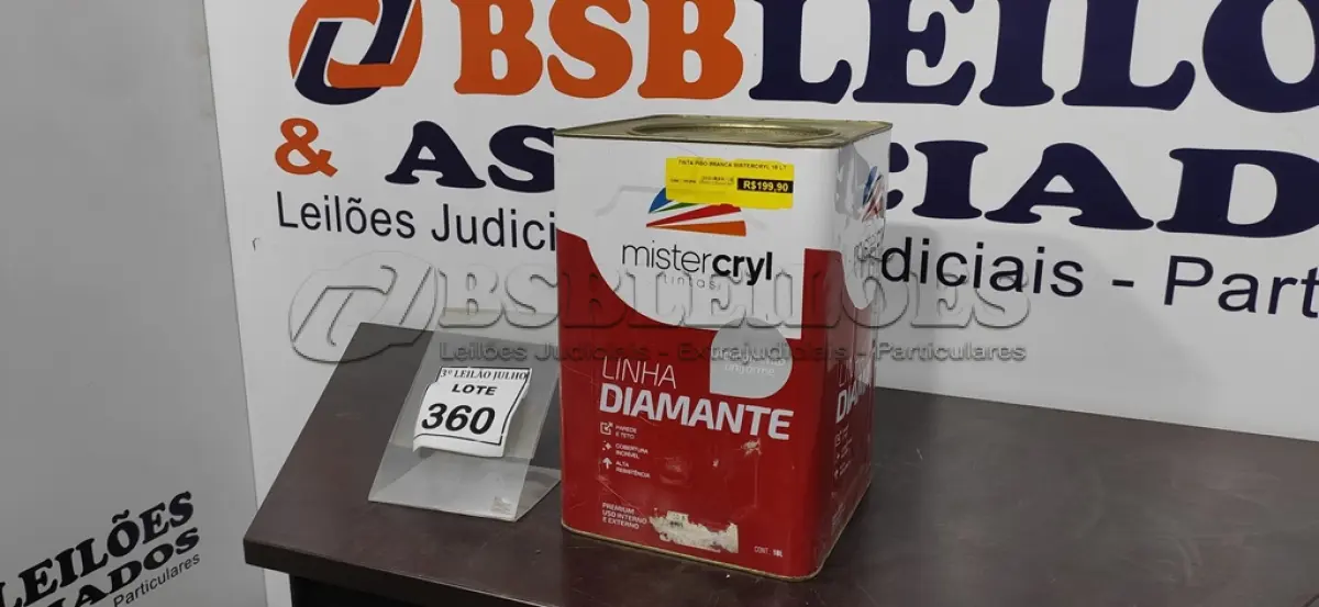 LOTE 360 - 01 LATA DE TINTA PISO 18L COR BRANCA MARCA MISTERCRYL. (NO ESTADO) ATENÇÃO! FAZER A VISITAÇÃO ANTES DE ARREMATAR, NÃO SABEMOS SE FUNCIONA. LEILÃO NÃO TEM GARANTIA E NEM DEVOLUÇÃO, SUJEITO A POSSÍVEIS AVARIAS VISÍVEIS/OCULTAS E/OU AUSÊNCIA DE COMPONENTES.