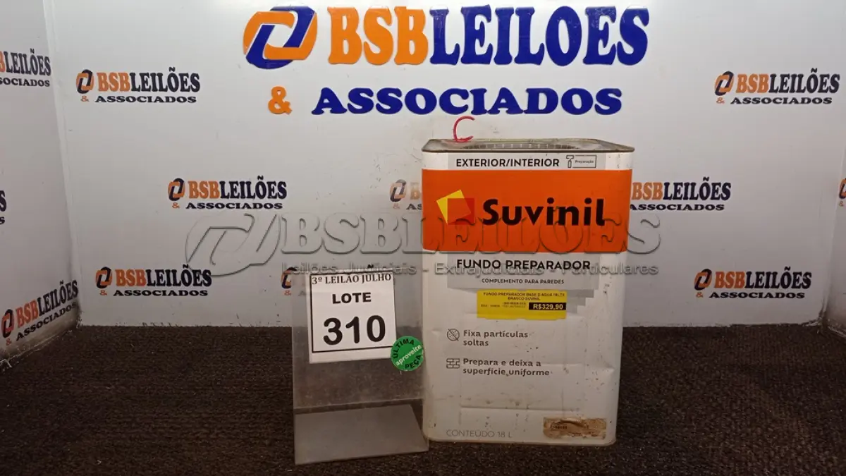 LOTE 310 - 01 LATA DE FUNDO PREPARADOR INTERIOR/EXTERIOR 18L MARCA SUVINIL. (NO ESTADO) ATENÇÃO! FAZER A VISITAÇÃO ANTES DE ARREMATAR, NÃO SABEMOS SE FUNCIONA, LEILÃO NÃO TEM GARANTIA E NEM DEVOLUÇÃO, SUJEITO A POSSÍVEIS AVARIAS VISÍVEIS/OCULTAS E/OU AUSÊNCIA DE COMPONENTES.