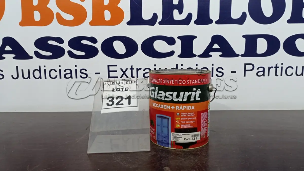 LOTE 321 - 01 LATA DE ESMALTE SINTÉTICO COM 3,6L NA COR BRILHANTE LARANJA IPÊ MARCA GLASURIT. (NO ESTADO) ATENÇÃO! FAZER A VISITAÇÃO ANTES DE ARREMATAR, NÃO SABEMOS SE FUNCIONA, LEILÃO NÃO TEM GARANTIA E NEM DEVOLUÇÃO, SUJEITO A POSSÍVEIS AVARIAS VISÍVEIS/OCULTAS E/OU AUSÊNCIA DE COMPONENTES.