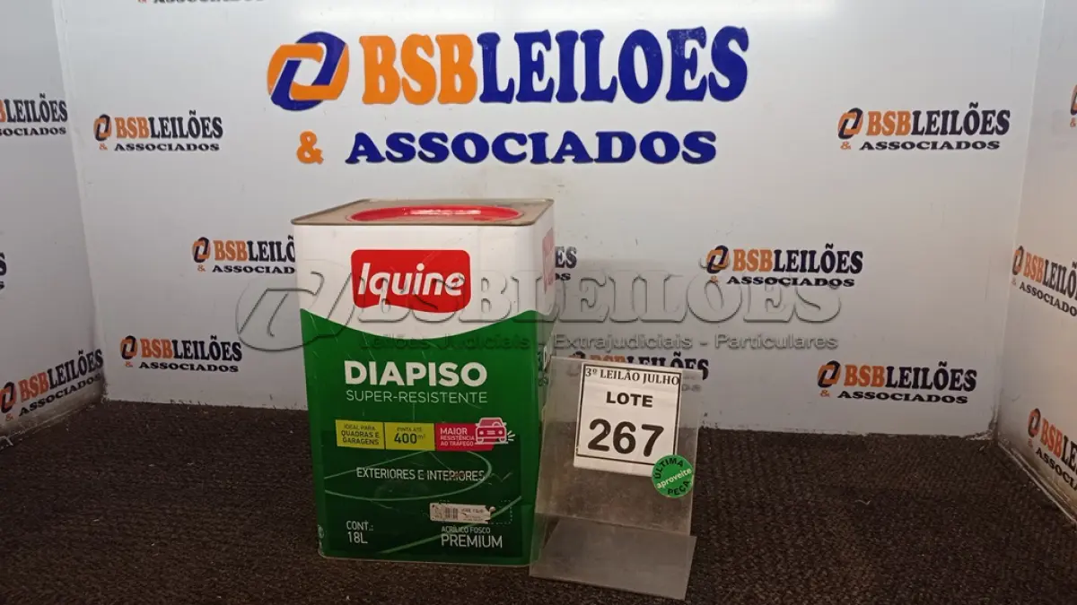 LOTE 267 - 01 LATA DE TINTA PARA PISOS DIAPISO 18L COR VERDE FOLHA MARCA IQUINE. (NO ESTADO) ATENÇÃO! FAZER A VISITAÇÃO ANTES DE ARREMATAR, NÃO SABEMOS SE FUNCIONA, LEILÃO NÃO TEM GARANTIA E NEM DEVOLUÇÃO, SUJEITO A POSSÍVEIS AVARIAS VISÍVEIS/OCULTAS E/OU AUSÊNCIA DE COMPONENTES.