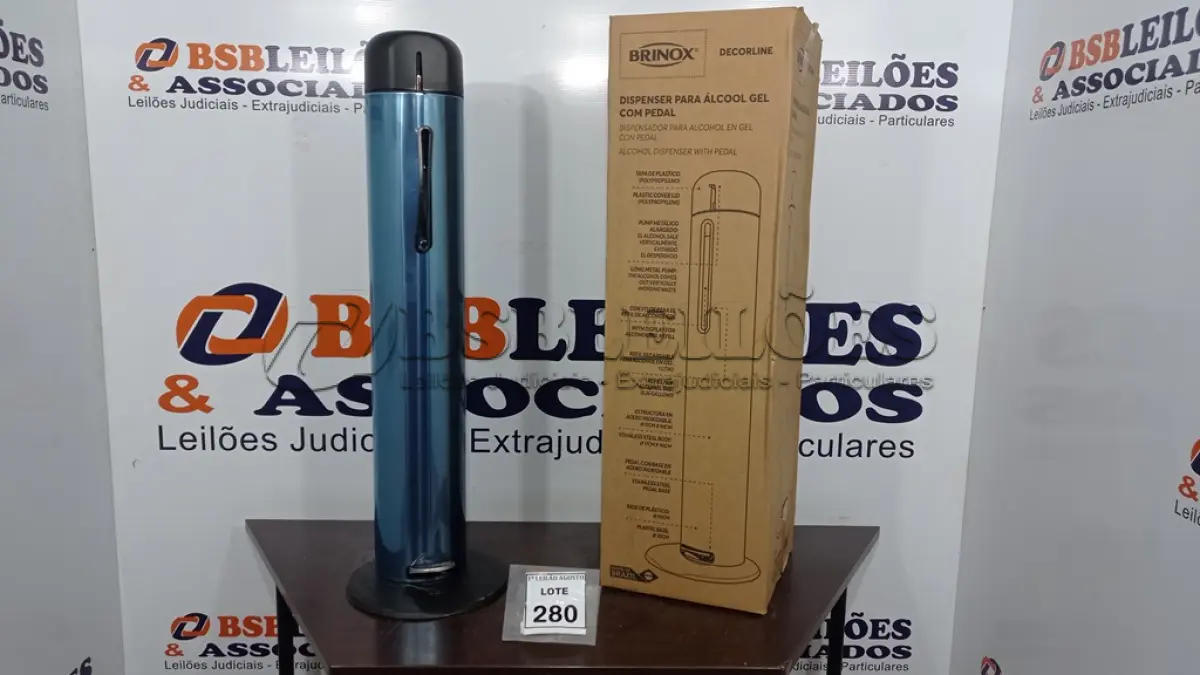 LOTE 280 - 01 DISPENSER PARA ÁLCOOL EM GEL COM PEDAL EM INOX MARCA BRINOX (NOVO). (NO ESTADO) ATENÇÃO! FAZER A VISITAÇÃO ANTES DE ARREMATAR, NÃO SABEMOS SE FUNCIONA. LEILÃO NÃO TEM GARANTIA E NEM DEVOLUÇÃO, SUJEITO A POSSÍVEIS AVARIAS VISÍVEIS/OCULTAS E/OU AUSÊNCIA DE COMPONENTES.