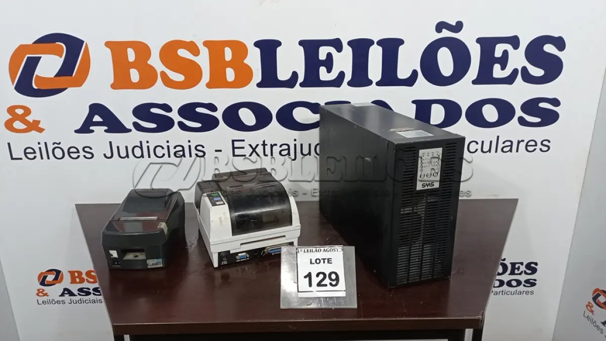 LOTE 129 - 02 IMPRESSORAS DE ETIQUETA E 01 NOBREAK MARCA SMS. (NO ESTADO) ATENÇÃO! FAZER A VISITAÇÃO ANTES DE ARREMATAR, NÃO SABEMOS SE FUNCIONA. LEILÃO NÃO TEM GARANTIA E NEM DEVOLUÇÃO, SUJEITO A POSSÍVEIS AVARIAS VISÍVEIS/OCULTAS E/OU AUSÊNCIA DE COMPONENTES.