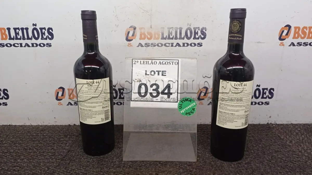 LOTE 034 - 02 GARRAFAS DE VINHO MALBEC SAFRA 2020 ARGENTINO 750ML MARCA LOTE 44. (NO ESTADO) ATENÇÃO! FAZER A VISITAÇÃO ANTES DE ARREMATAR, NÃO SABEMOS SE FUNCIONA, LEILÃO NÃO TEM GARANTIA E NEM DEVOLUÇÃO, SUJEITO A POSSÍVEIS AVARIAS VISÍVEIS/OCULTAS E/OU AUSÊNCIA DE COMPONENTES.