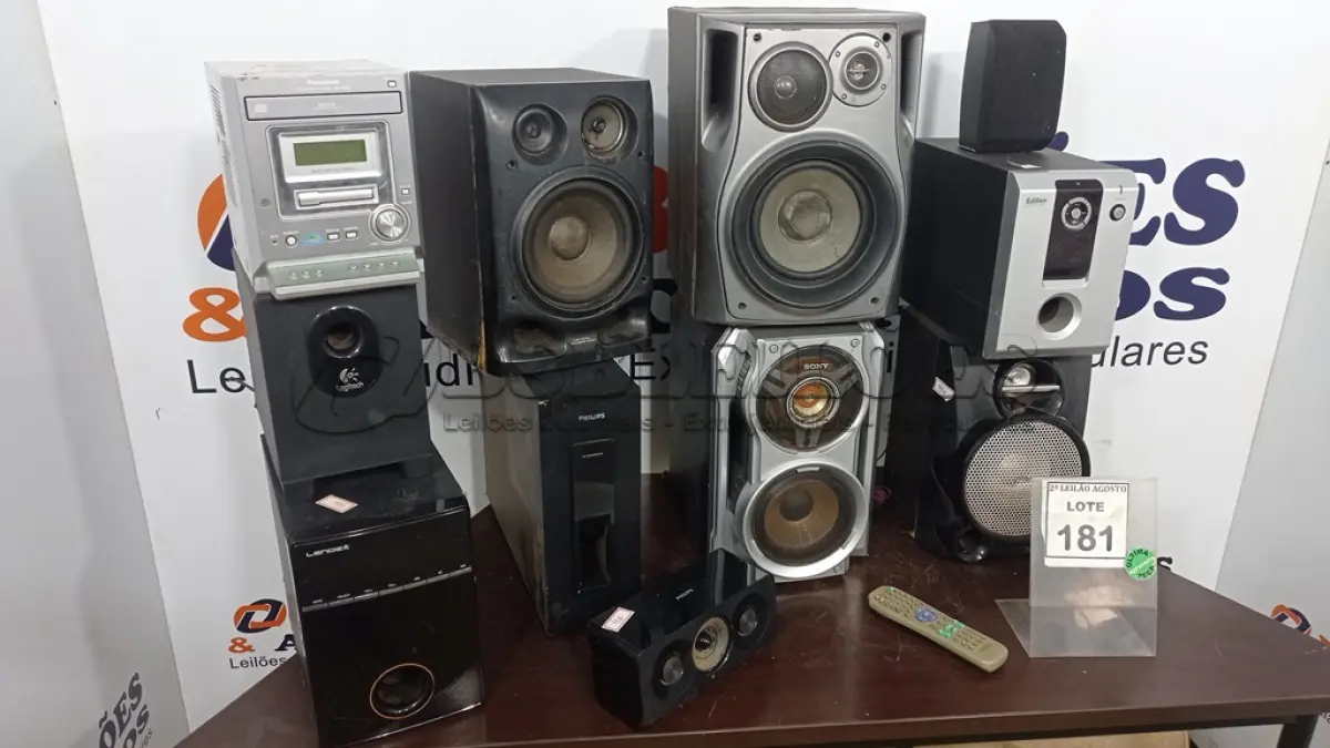 LOTE 181 - 01 SISTEMA DE SOM ESTÉREO MARCA PANASONIC, 01 SUBWOOFER MARCA EDIFIER COM 09 CAIXAS E CONTROLE. (NO ESTADO) ATENÇÃO! FAZER A VISITAÇÃO ANTES DE ARREMATAR, NÃO SABEMOS SE FUNCIONA. LEILÃO NÃO TEM GARANTIA E NEM DEVOLUÇÃO, SUJEITO A POSSÍVEIS AVARIAS VISÍVEIS/OCULTAS E/OU AUSÊNCIA DE COMPONENTES.