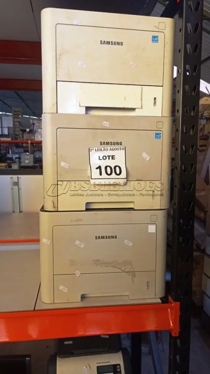 LOTE 100 - 03 IMPRESSORAS MARCA SAMSUNG. (NO ESTADO) ATENÇÃO! FAZER A VISITAÇÃO ANTES DE ARREMATAR, NÃO SABEMOS SE FUNCIONA, LEILÃO NÃO TEM GARANTIA E NEM DEVOLUÇÃO, SUJEITO A POSSÍVEIS AVARIAS VISÍVEIS/OCULTAS E/OU AUSÊNCIA DE COMPONENTES.