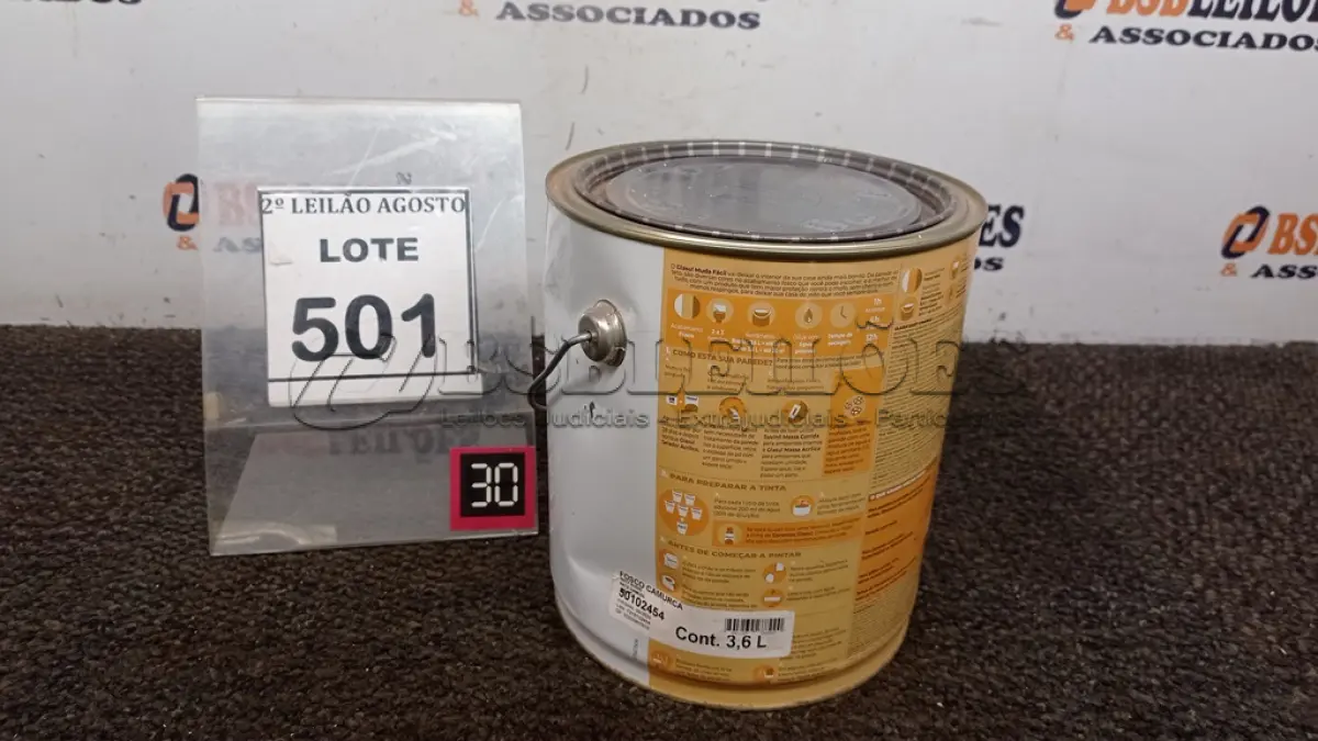LOTE 501 - 01 LATA DE TINTA ACRÍLICO FOSCO 3,6L NA COR FOSCO CAMURÇA MARCA GLASU. (NO ESTADO) ATENÇÃO! FAZER A VISITAÇÃO ANTES DE ARREMATAR, NÃO SABEMOS SE FUNCIONA. LEILÃO NÃO TEM GARANTIA E NEM DEVOLUÇÃO, SUJEITO A POSSÍVEIS AVARIAS VISÍVEIS/OCULTAS E/OU AUSÊNCIA DE COMPONENTES.