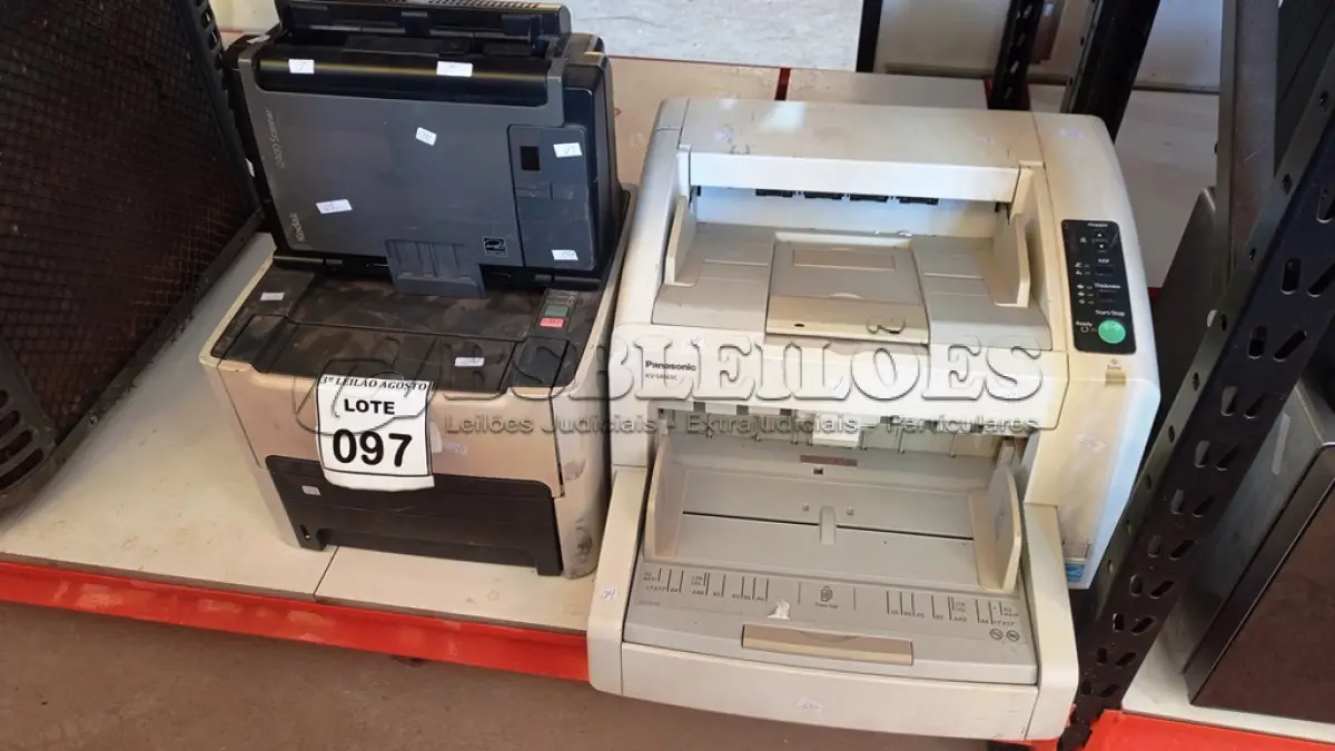 LOTE 097 - 01 IMPRESSORA MARCA HP MODELO 1320N, 01 SCANNER MARCA KODAK E 01 SCANNER MARCA PANASONIC MODELO KV-S4065C. (NO ESTADO) ATENÇÃO! FAZER A VISITAÇÃO ANTES DE ARREMATAR, NÃO SABEMOS SE FUNCIONA, LEILÃO NÃO TEM GARANTIA E NEM DEVOLUÇÃO, SUJEITO A POSSÍVEIS AVARIAS VISÍVEIS/OCULTAS E/OU AUSÊNCIA DE COMPONENTES.