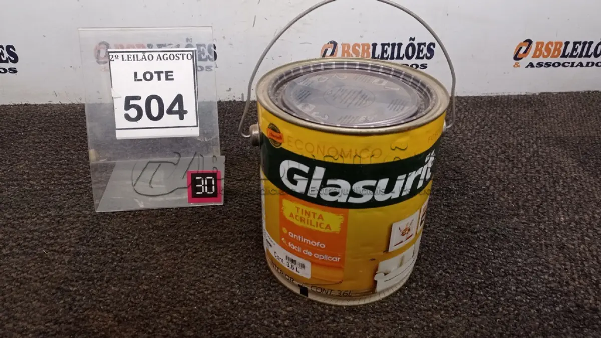 LOTE 504 - 01 TINTA ACRÍLICA 3,6L COR FOSCO CAMURÇA MARCA GLASURIT. (NO ESTADO) ATENÇÃO! FAZER A VISITAÇÃO ANTES DE ARREMATAR, NÃO SABEMOS SE FUNCIONA. LEILÃO NÃO TEM GARANTIA E NEM DEVOLUÇÃO, SUJEITO A POSSÍVEIS AVARIAS VISÍVEIS/OCULTAS E/OU AUSÊNCIA DE COMPONENTES.