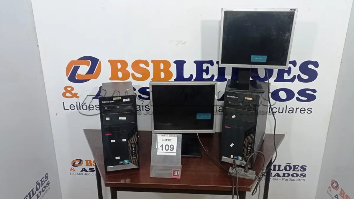 LOTE 109 - 02 CPU MARCA LENOVO E 02 MONITORES MARCA LG. (NO ESTADO) ATENÇÃO! FAZER A VISITAÇÃO ANTES DE ARREMATAR, NÃO SABEMOS SE FUNCIONA, LEILÃO NÃO TEM GARANTIA E NEM DEVOLUÇÃO, SUJEITO A POSSÍVEIS AVARIAS VISÍVEIS/OCULTAS E/OU AUSÊNCIA DE COMPONENTES.