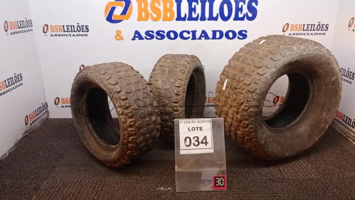 LOTE 034 - 02 PNEUS 14.5 X 6.0-8 E 01 18 X 9.0-8. (NO ESTADO) ATENÇÃO! FAZER A VISITAÇÃO ANTES DE ARREMATAR, NÃO SABEMOS SE FUNCIONA, LEILÃO NÃO TEM GARANTIA E NEM DEVOLUÇÃO, SUJEITO A POSSÍVEIS AVARIAS VISÍVEIS/OCULTAS E/OU AUSÊNCIA DE COMPONENTES.