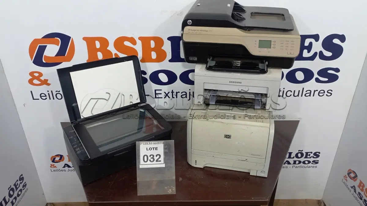 LOTE 032 - 04 IMPRESSORAS DE MARCAS E MODELOS DIVERSOS. (NO ESTADO) ATENÇÃO! FAZER A VISITAÇÃO ANTES DE ARREMATAR, NÃO SABEMOS SE FUNCIONA, LEILÃO NÃO TEM GARANTIA E NEM DEVOLUÇÃO, SUJEITO A POSSÍVEIS AVARIAS VISÍVEIS/OCULTAS E/OU AUSÊNCIA DE COMPONENTES.