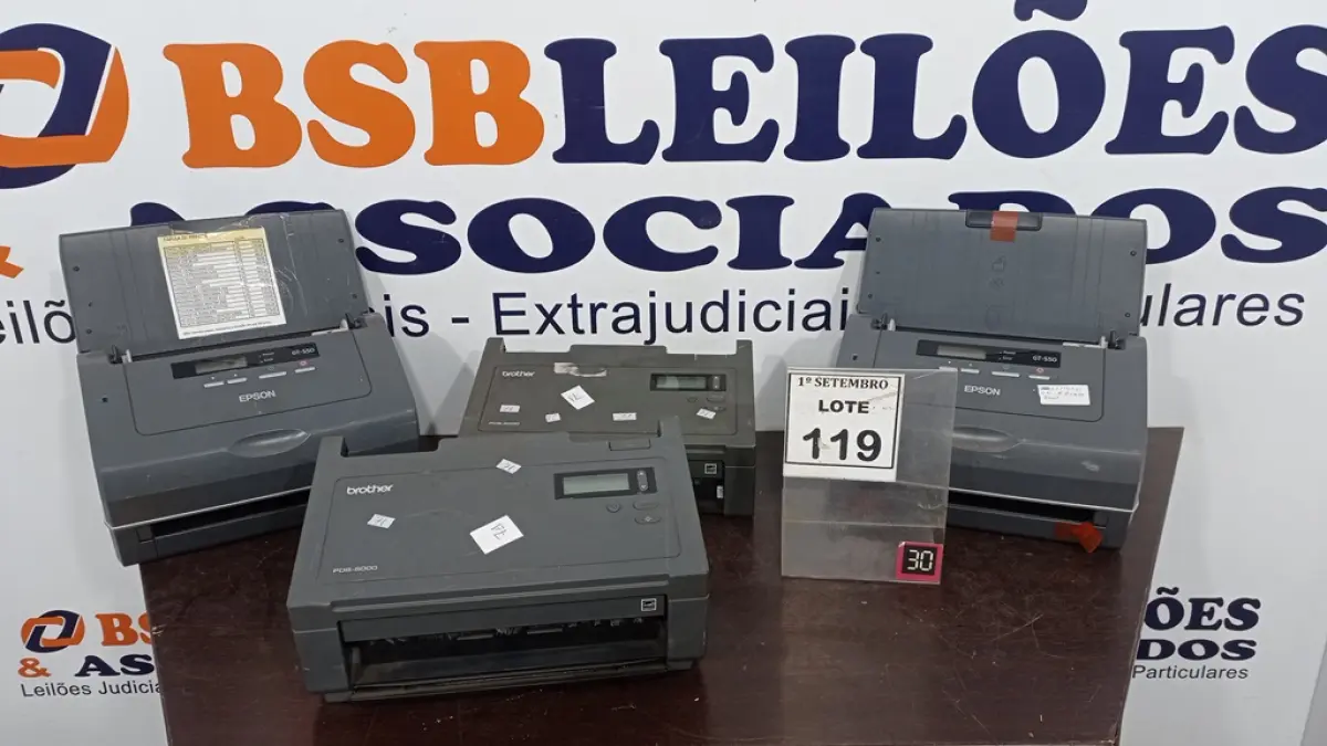 02 SCANNERS MARCA EPSON E 02 SCANNERS MARCA BROTHER. (NO ESTADO) ATENÇÃO! FAZER A VISITAÇÃO ANTES DE ARREMATAR, NÃO SABEMOS SE FUNCIONA, LEILÃO NÃO TEM GARANTIA E NEM DEVOLUÇÃO, SUJEITO A POSSÍVEIS AVARIAS VISÍVEIS/OCULTAS E/OU AUSÊNCIA DE COMPONENTES.
