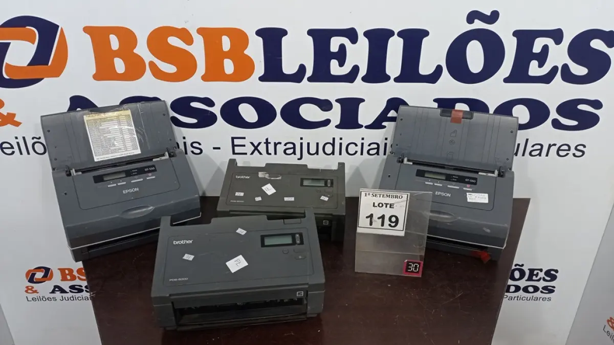 02 SCANNERS MARCA EPSON E 02 SCANNERS MARCA BROTHER. (NO ESTADO) ATENÇÃO! FAZER A VISITAÇÃO ANTES DE ARREMATAR, NÃO SABEMOS SE FUNCIONA, LEILÃO NÃO TEM GARANTIA E NEM DEVOLUÇÃO, SUJEITO A POSSÍVEIS AVARIAS VISÍVEIS/OCULTAS E/OU AUSÊNCIA DE COMPONENTES.