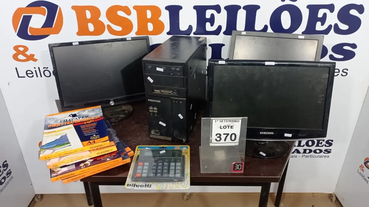 03 MONITORES MARCAS E MODELOS DIVERSOS, 01 CPU MARCA POSITIVO, 05 CAIXAS DE FILME DE POLIESTIRENO E 01 CALCULADORA. (NO ESTADO) ATENÇÃO! FAZER A VISITAÇÃO ANTES DE ARREMATAR, NÃO SABEMOS SE FUNCIONA, LEILÃO NÃO TEM GARANTIA E NEM DEVOLUÇÃO, SUJEITO A POSSÍVEIS AVARIAS VISÍVEIS/OCULTAS E/OU AUSÊNCIA DE COMPONENTES.