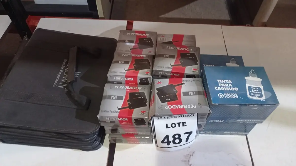 20 CAIXAS DE PERFURADORES DE PAPEL, 06 CAIXAS DE TINTA PARA CARIMBO E 01 PASTA PARA CANETAS. (NO ESTADO) ATENÇÃO! FAZER A VISITAÇÃO ANTES DE ARREMATAR, NÃO SABEMOS SE FUNCIONA, LEILÃO NÃO TEM GARANTIA E NEM DEVOLUÇÃO, SUJEITO A POSSÍVEIS AVARIAS VISÍVEIS/OCULTAS E/OU AUSÊNCIA DE COMPONENTES.