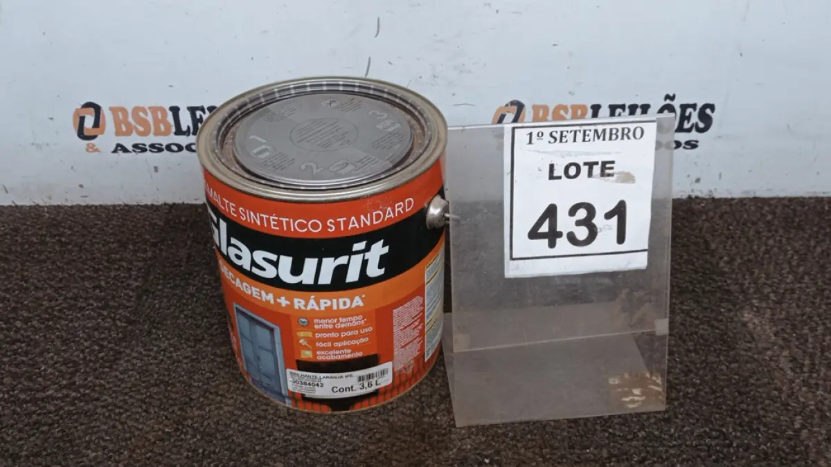 01 LATA DE ESMALTE SINTÉTICO COM 3,6L NA COR BRILHANTE LARANJA IPÊ MARCA GLASURIT. (NO ESTADO) ATENÇÃO! FAZER A VISITAÇÃO ANTES DE ARREMATAR, NÃO SABEMOS SE FUNCIONA, LEILÃO NÃO TEM GARANTIA E NEM DEVOLUÇÃO, SUJEITO A POSSÍVEIS AVARIAS VISÍVEIS/OCULTAS E/OU AUSÊNCIA DE COMPONENTES.