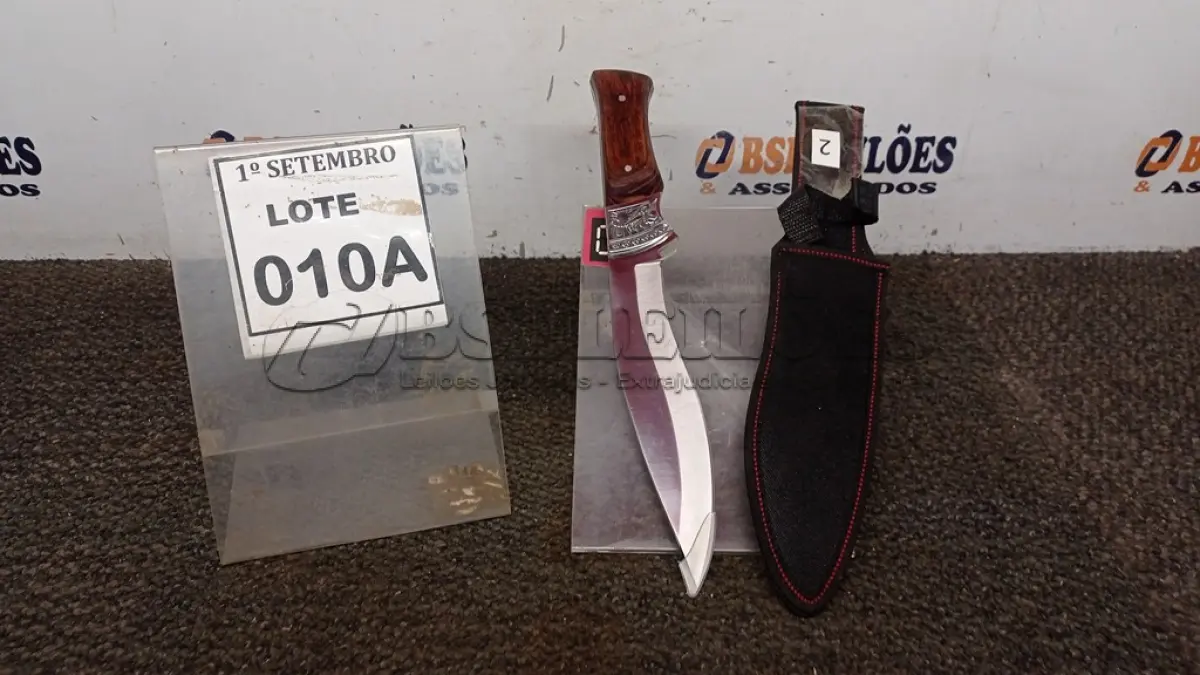 LOTE 010 - 01 FACA IMPORTADA AÇO INOXIDÁVEL CABO EM MADEIRA COM DETALHE DE ESCORPIÃO NA GUARDA  FULL TANG BAINHA DE NYLON TAMANHO TOTAL 32CM PESO 390G JÁ AFIADA  . (NO ESTADO) ATENÇÃO! FAZER A VISITAÇÃO ANTES DE ARREMATAR, NÃO SABEMOS SE FUNCIONA, LEILÃO NÃO TEM GARANTIA E NEM DEVOLUÇÃO, SUJEITO A POSSÍVEIS AVARIAS VISÍVEIS/OCULTAS E/OU AUSÊNCIA DE COMPONENTES.