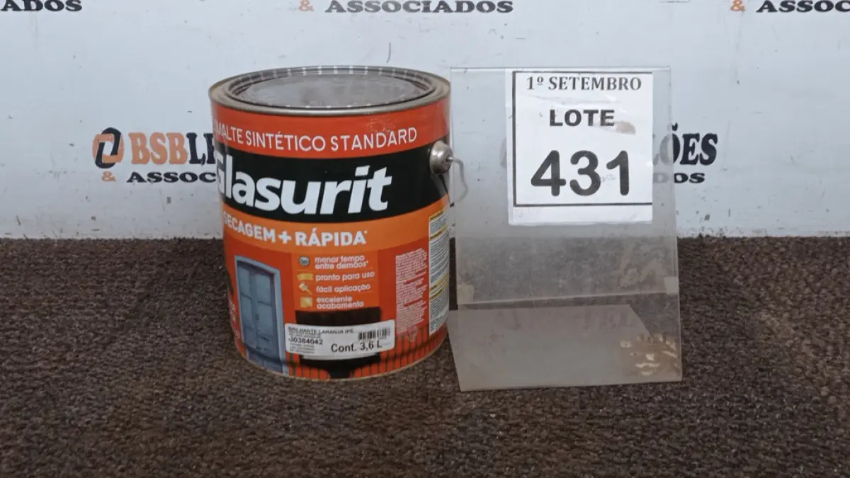01 LATA DE ESMALTE SINTÉTICO COM 3,6L NA COR BRILHANTE LARANJA IPÊ MARCA GLASURIT. (NO ESTADO) ATENÇÃO! FAZER A VISITAÇÃO ANTES DE ARREMATAR, NÃO SABEMOS SE FUNCIONA, LEILÃO NÃO TEM GARANTIA E NEM DEVOLUÇÃO, SUJEITO A POSSÍVEIS AVARIAS VISÍVEIS/OCULTAS E/OU AUSÊNCIA DE COMPONENTES.