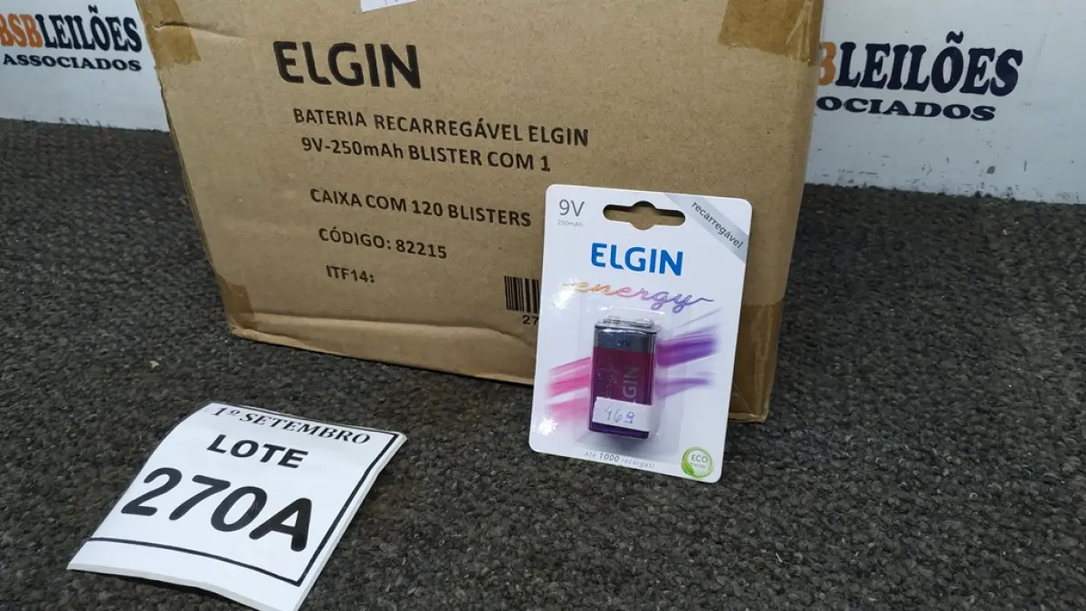 01 CAIXA COM 120 BLISTERS BATERIA RECARREGÁVEL ELGIN 9V-250MAH. (NO ESTADO) ATENÇÃO! FAZER A VISITAÇÃO ANTES DE ARREMATAR, NÃO SABEMOS SE FUNCIONA, LEILÃO NÃO TEM GARANTIA E NEM DEVOLUÇÃO, SUJEITO A POSSÍVEIS AVARIAS VISÍVEIS/OCULTAS E/OU AUSÊNCIA DE COMPONENTES.