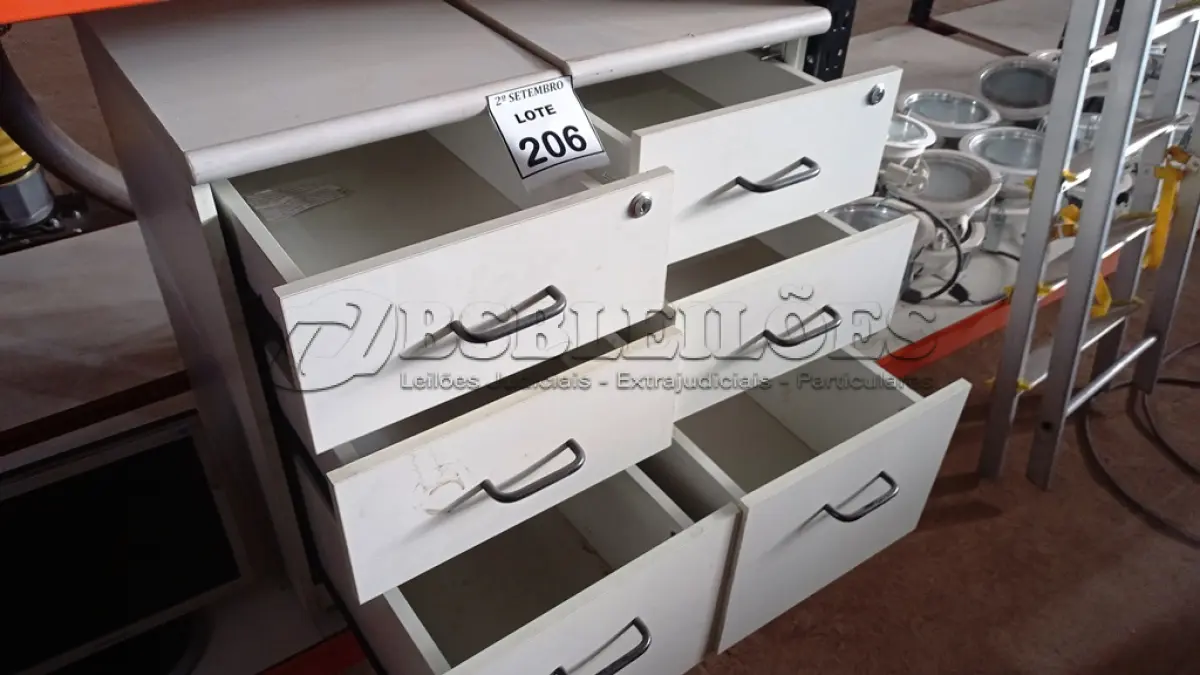 LOTE 206 - 02 GAVETEIROS COM 03 GAVETAS CADA. (NO ESTADO) ATENÇÃO! FAZER A VISITAÇÃO ANTES DE ARREMATAR, NÃO SABEMOS SE FUNCIONA, LEILÃO NÃO TEM GARANTIA E NEM DEVOLUÇÃO, SUJEITO A POSSÍVEIS AVARIAS VISÍVEIS/OCULTAS E/OU AUSÊNCIA DE COMPONENTES.