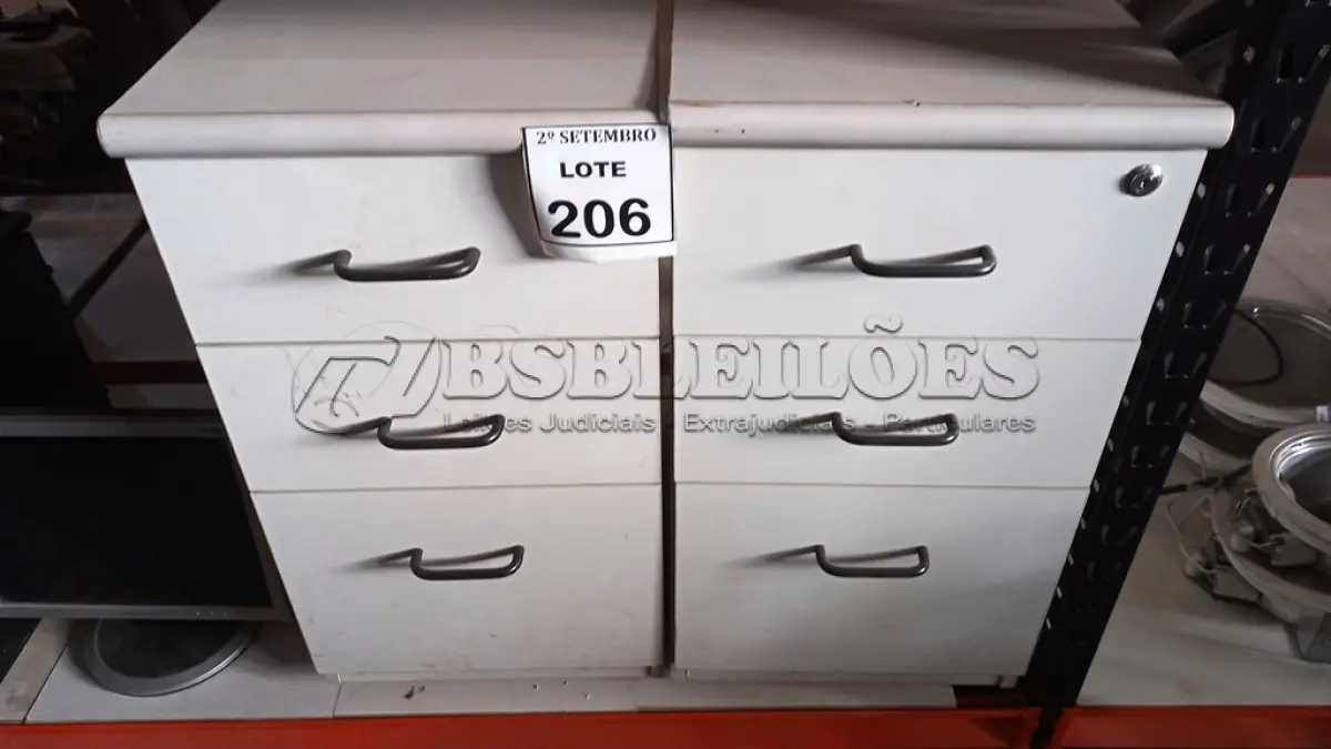 LOTE 206 - 02 GAVETEIROS COM 03 GAVETAS CADA. (NO ESTADO) ATENÇÃO! FAZER A VISITAÇÃO ANTES DE ARREMATAR, NÃO SABEMOS SE FUNCIONA, LEILÃO NÃO TEM GARANTIA E NEM DEVOLUÇÃO, SUJEITO A POSSÍVEIS AVARIAS VISÍVEIS/OCULTAS E/OU AUSÊNCIA DE COMPONENTES.