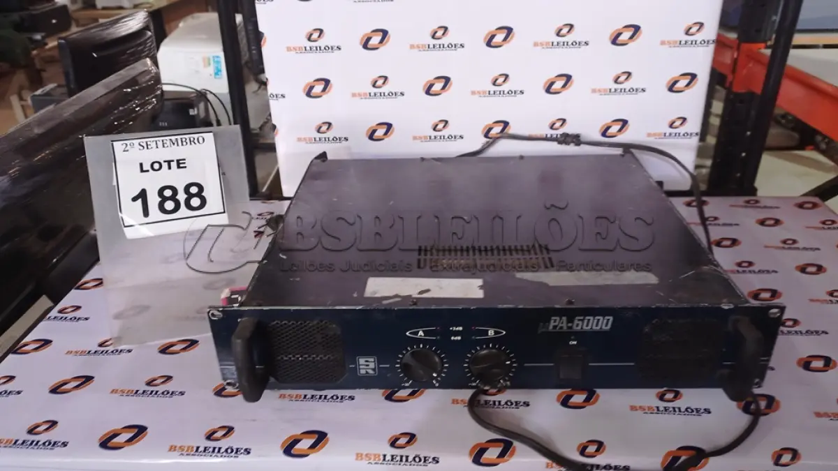 LOTE 188 - 01 AMPLIFICADOR DE POTÊNCIA MARCA STANER MODELO PA-6000. (NO ESTADO) ATENÇÃO! FAZER A VISITAÇÃO ANTES DE ARREMATAR, NÃO SABEMOS SE FUNCIONA, LEILÃO NÃO TEM GARANTIA E NEM DEVOLUÇÃO, SUJEITO A POSSÍVEIS AVARIAS VISÍVEIS/OCULTAS E/OU AUSÊNCIA DE COMPONENTES.